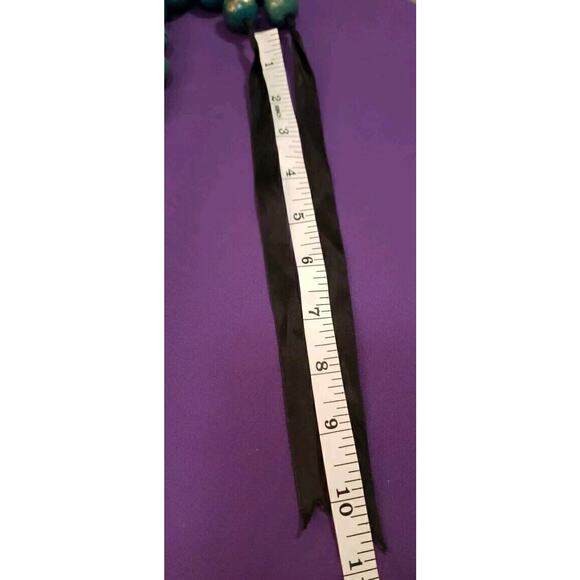 Teal & Gold Colored Large Wooden Beaded Necklace with Black Satin Ribbon - Picture 9 of 10